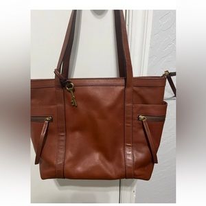 FOSSIL Caitlyn Tote Large Brown Leather Satchel Bag Purse w/ Side Zip Pockets